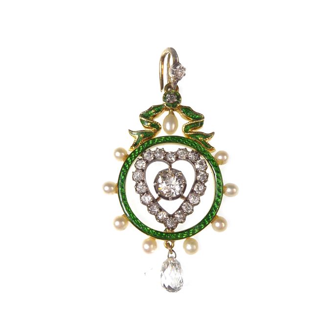 Diamond, pearl and green enamel heart and circle pendant | MasterArt